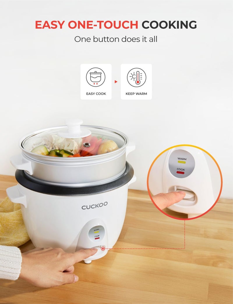 Cuckoo One Touch Rice Cooker 12-Cup Cooked, Small Rice Cooker & Warmer with Steamer Tray, Versatile Grain Cooker, Soup Maker, Auto Keep Warm, 6-Cup Uncooked, White (CR-0601C) - Image 4